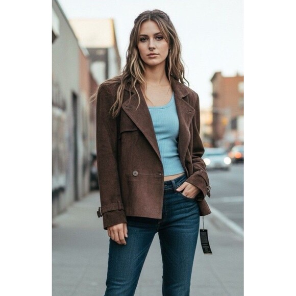 New Moda International Suede Brown Leather Biker Jacket Womens Size 10 No Belt - Picture 1 of 13